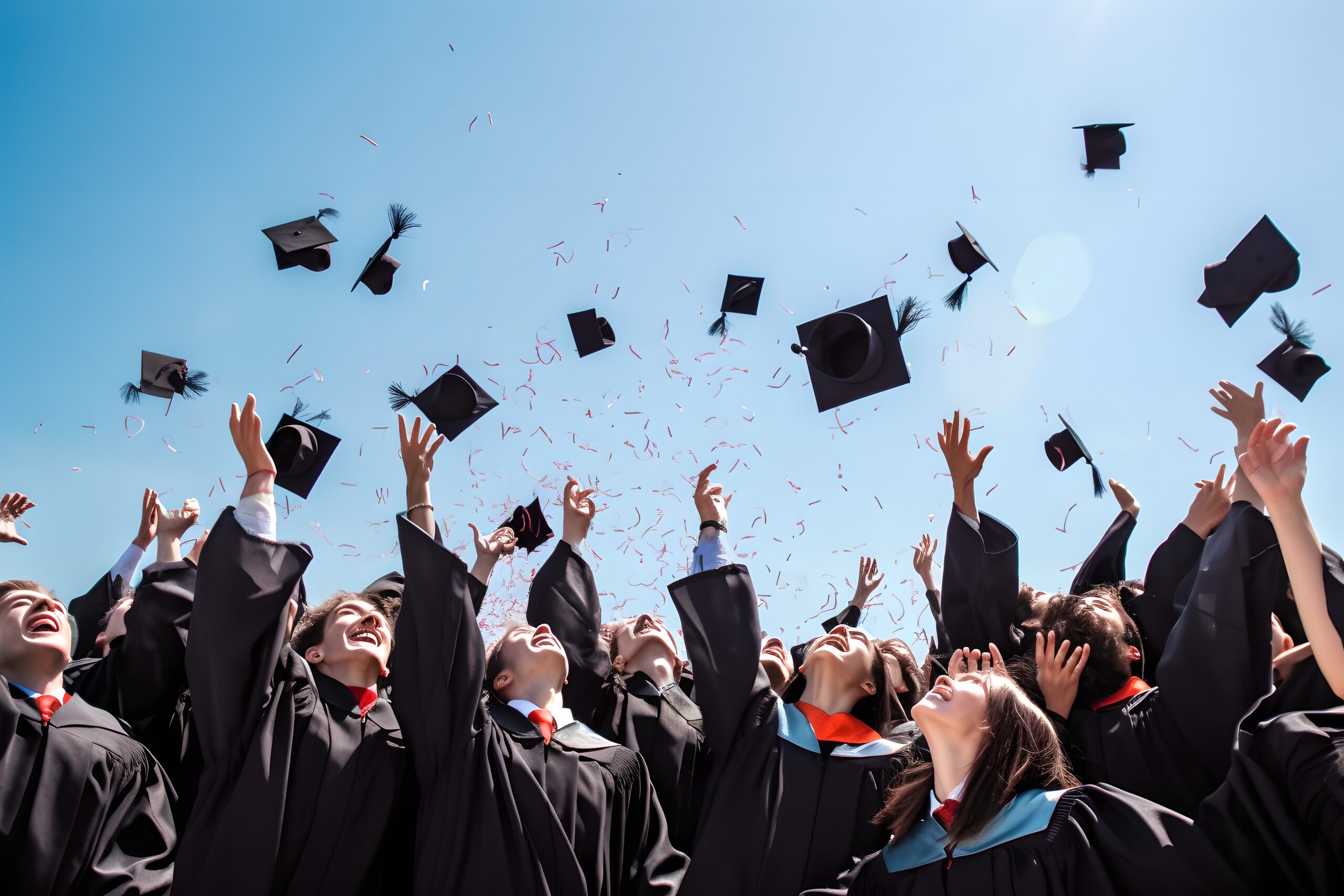Students throwing graduation hats in the air celebrating. education concept with students celebrate success with hats and certificates Hochschulabschlüsse