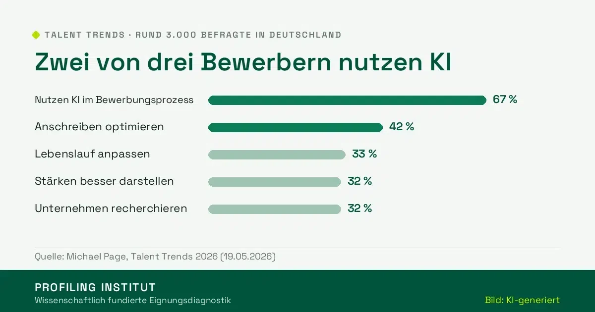 Balkengrafik: 67 Prozent der Bewerber nutzen KI, 42 Prozent für das Anschreiben