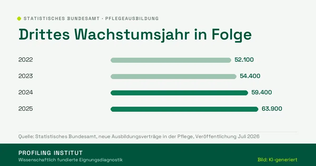 Balkengrafik: neue Ausbildungsverträge in der Pflege steigen von 52.100 im Jahr 2022 auf 63.900 im Jahr 2025