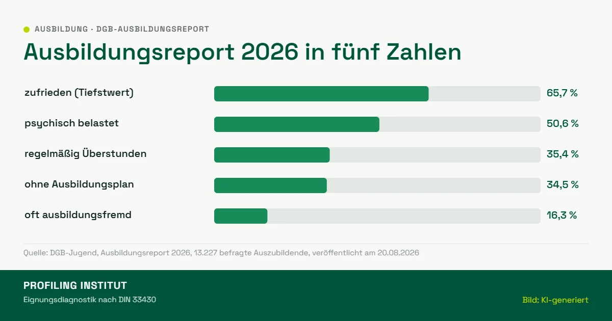 Balkengrafik zum DGB-Ausbildungsreport 2026: 65,7 Prozent zufrieden, 50,6 Prozent psychisch belastet, 35,4 Prozent regelmäßig Überstunden, 34,5 Prozent ohne Ausbildungsplan, 16,3 Prozent oft ausbildungsfremde Tätigkeiten