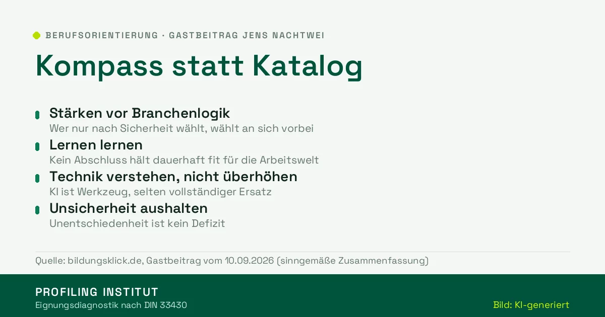 Grafik mit vier Leitsätzen zur Berufsorientierung: Stärken vor Branchenlogik, Lernen lernen, Technik verstehen, Unsicherheit aushalten