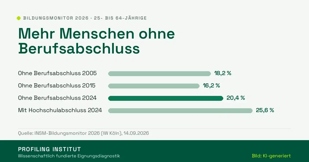 Balkengrafik: Anteil der 25- bis 64-Jährigen ohne Berufsabschluss 2005, 2015 und 2024
