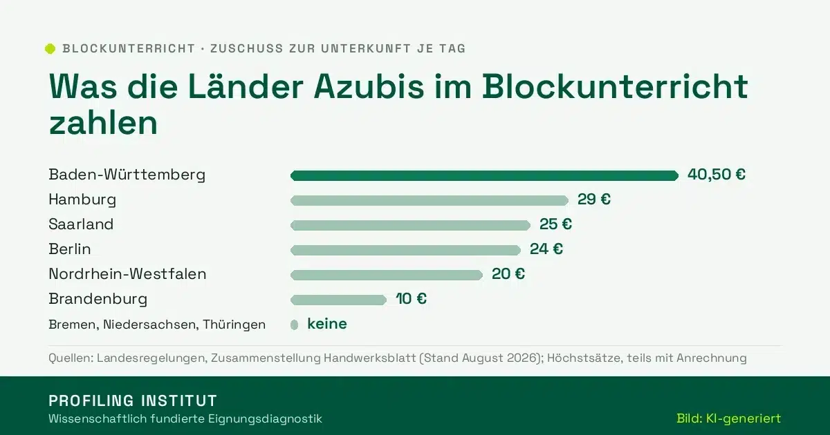 Balkengrafik: Tagessätze für Unterkunft beim Blockunterricht, Baden-Württemberg 40,50 Euro, Hamburg 29 Euro, Saarland 25 Euro, Berlin 24 Euro, Nordrhein-Westfalen 20 Euro, Brandenburg 10 Euro, in Bremen, Niedersachsen und Thüringen keine Landesförderung