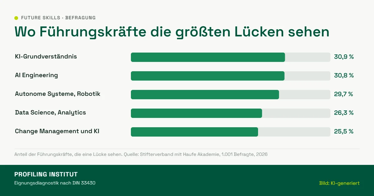 Balkengrafik: Führungskräfte sehen die größten Kompetenzlücken bei KI-Grundverständnis (30,9 Prozent), AI Engineering (30,8 Prozent) und autonomen Systemen (29,7 Prozent)