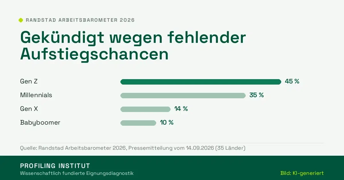 Balkengrafik: Kündigung wegen fehlender Aufstiegschancen nach Generation – Gen Z 45, Millennials 35, Gen X 14, Babyboomer 10 Prozent