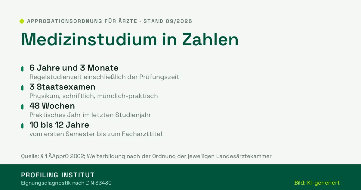 Medizinstudium in Zahlen: Regelstudienzeit, Staatsexamen, Praktisches Jahr Medizinstudium in Zahlen: 6 Jahre und 3 Monate Regelstudienzeit, 3 Staatsexamen, 48 Wochen Praktisches Jahr, 10 bis 12 Jahre bis zum Facharzt