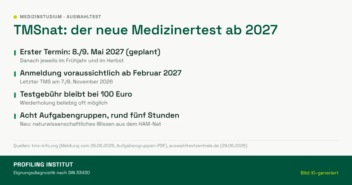 Übersicht zum TMSnat: erster Termin im Mai 2027, Anmeldung ab Februar 2027, Gebühr 100 Euro, acht Aufgabengruppen