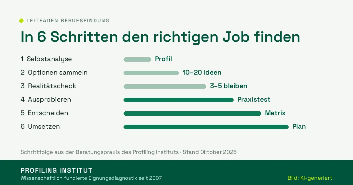Übersichtsgrafik: Die sechs Schritte der Berufsfindung – Selbstanalyse, Optionen sammeln, Realitätscheck, Ausprobieren, Entscheiden, Umsetzen