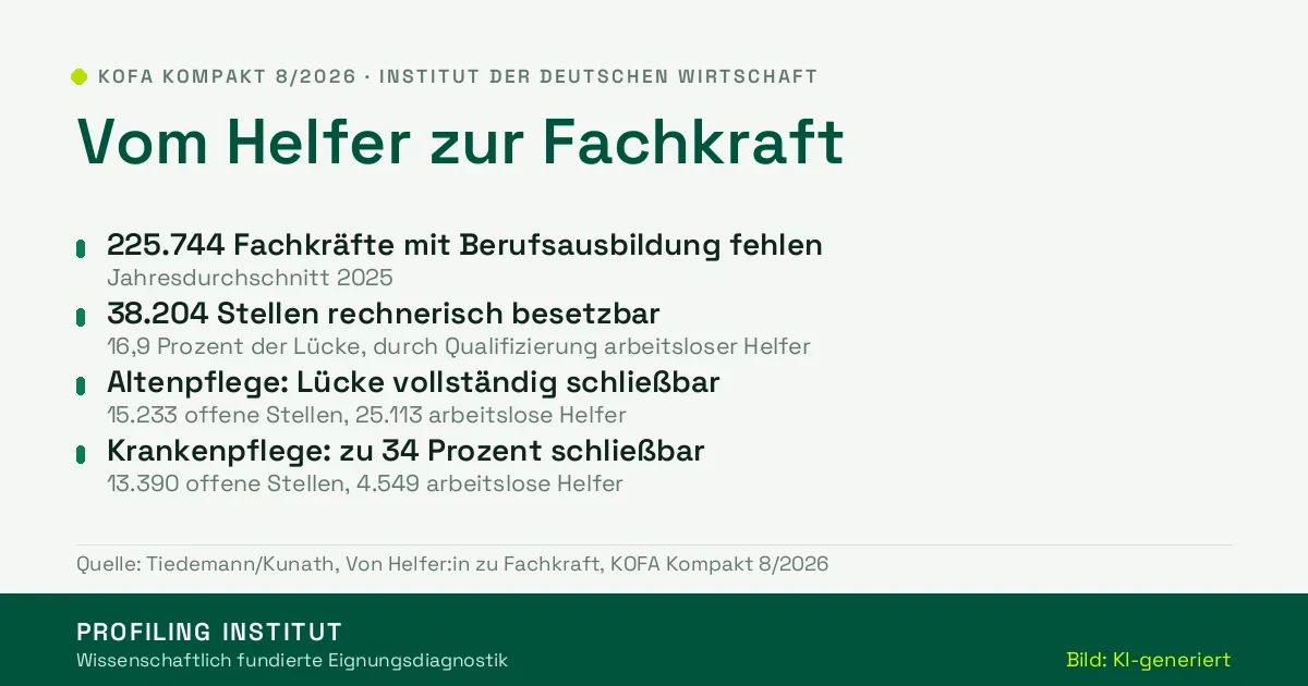 Übersicht zur KOFA-Studie 2026: 225.744 fehlende Fachkräfte mit Berufsausbildung, 38.204 Stellen rechnerisch durch Qualifizierung arbeitsloser Helfer besetzbar, in der Altenpflege Lücke vollständig schließbar, in der Krankenpflege zu 34 Prozent
