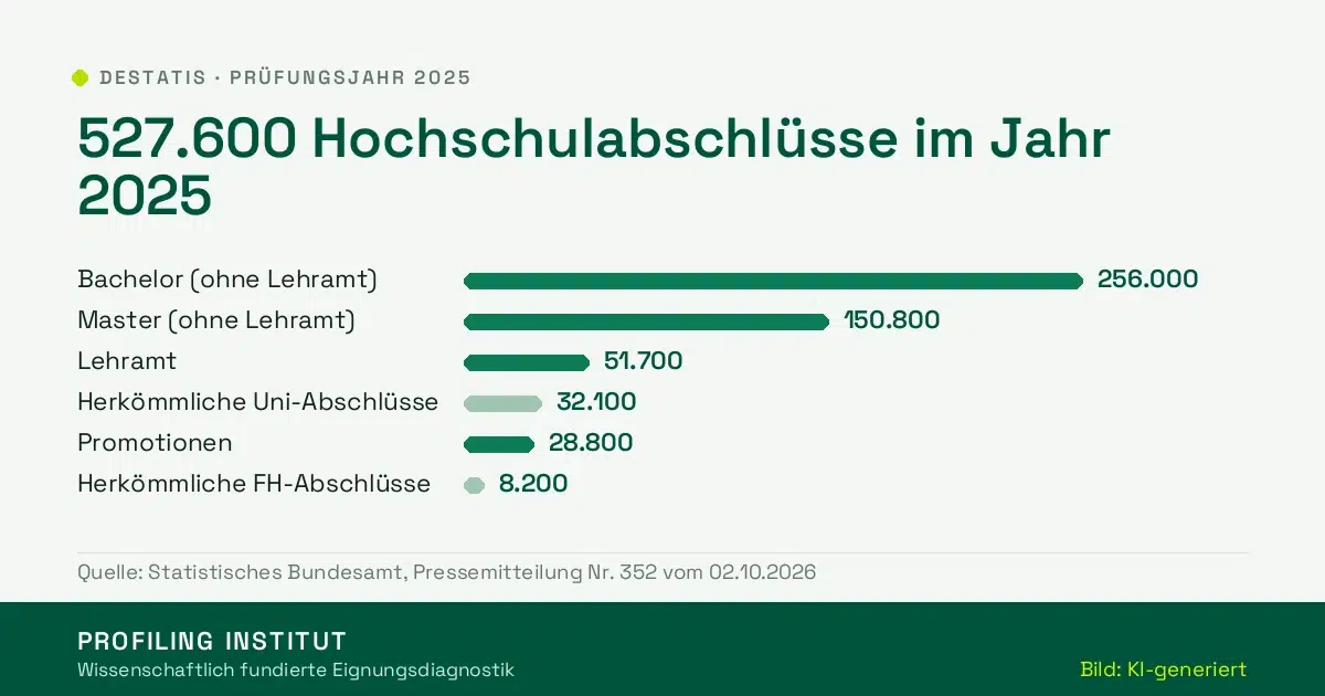 Balkengrafik der Hochschulabschlüsse 2025: 256.000 Bachelor, 150.800 Master, 51.700 Lehramt, 32.100 herkömmliche Universitätsabschlüsse, 28.800 Promotionen, 8.200 herkömmliche FH-Abschlüsse