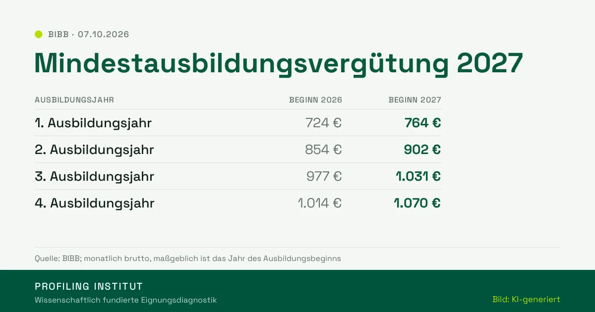 Mindestausbildungsvergütung 2027: 764, 902, 1.031 und 1.070 Euro im Vergleich zu 2026