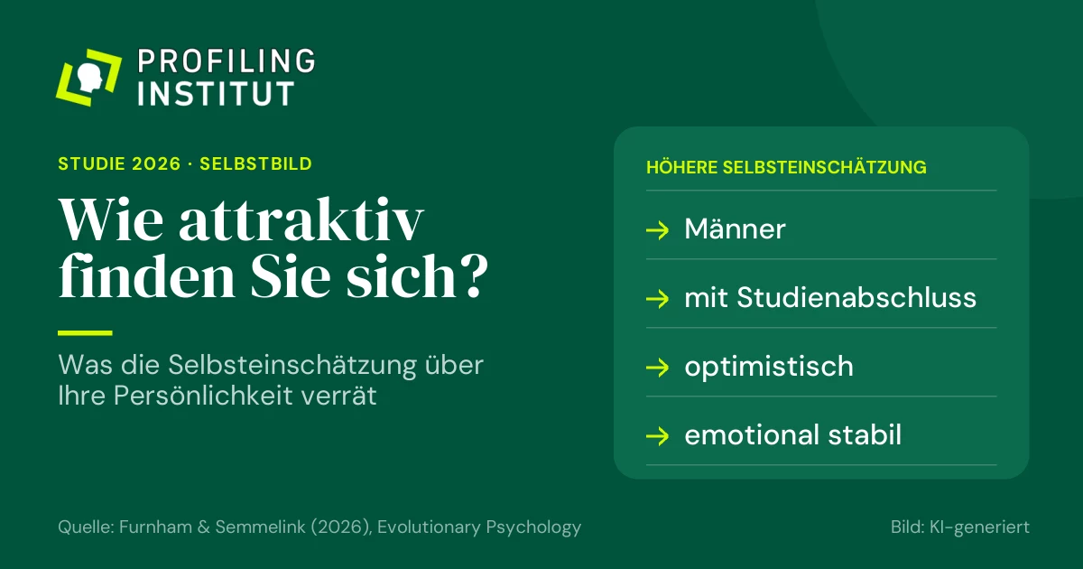 Selbsteinschätzung der Attraktivität – Studie 2026 Wer sich laut Studie attraktiver einschätzt: Männer, Menschen mit Studienabschluss, optimistische und emotional stabile Menschen