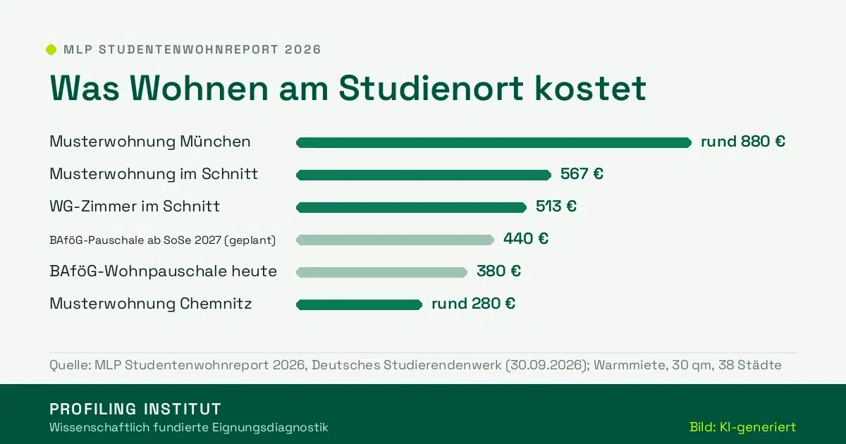 Balkengrafik Studentenwohnreport 2026: Musterwohnung in München rund 880 Euro, im Schnitt 567 Euro, WG-Zimmer im Schnitt 513 Euro, BAföG-Wohnpauschale ab Sommersemester 2027 geplant 440 Euro, heute 380 Euro, Musterwohnung in Chemnitz rund 280 Euro