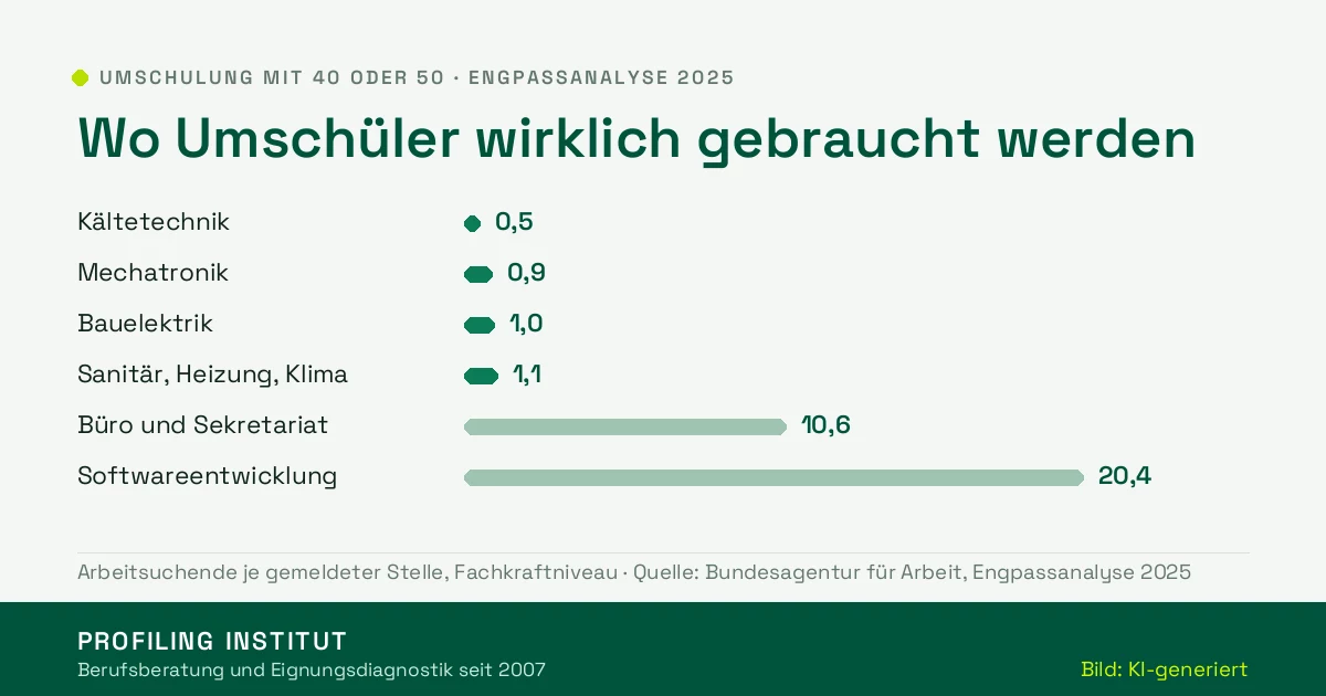 Balkengrafik: Arbeitsuchende je gemeldeter Stelle laut BA-Engpassanalyse 2025 – Kältetechnik 0,5, Mechatronik 0,9, Bauelektrik 1,0, Sanitär-Heizung-Klima 1,1, Büro und Sekretariat 10,6, Softwareentwicklung 20,4